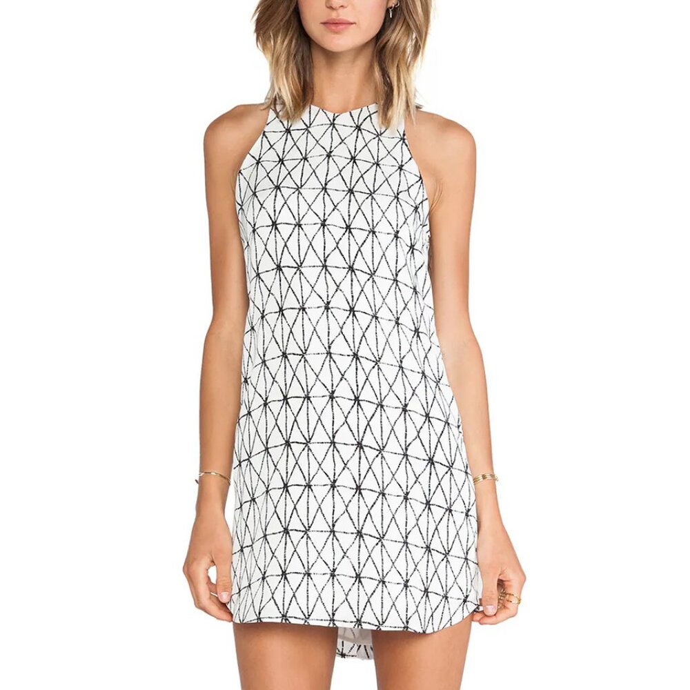 ALC Isabel Dress White Silk Black Geo Print Sleeveless Mini Sheath 8